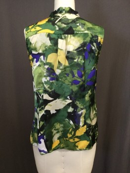 SUNNY LEIGH, Dk Green, Green, Yellow, Blue, Cream, Polyester, Leaves/Vines , Large Abstract Leaf Print, Button Front, Sleeveless, Smocking at Front Shoulders, Attached Self Tie at Neck