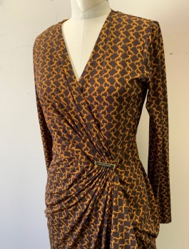 Womens, Dress, Long & 3/4 Sleeve, MICHAEL KORS, Dk Brown, Caramel Brown, Polyester, Spandex, Novelty Pattern, S, Gold Chain Pattern, Jersey, Long Sleeves, Wrap Dress Style with Surplice V-neck, Gold "Michael Kors" Embossed Buckle at Waist with Gathered Drape, Knee Length