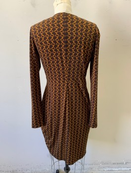 Womens, Dress, Long & 3/4 Sleeve, MICHAEL KORS, Dk Brown, Caramel Brown, Polyester, Spandex, Novelty Pattern, S, Gold Chain Pattern, Jersey, Long Sleeves, Wrap Dress Style with Surplice V-neck, Gold "Michael Kors" Embossed Buckle at Waist with Gathered Drape, Knee Length