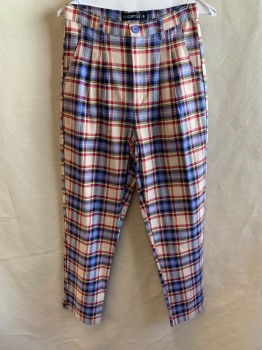 Womens, Pants, DANGERFIELD, Red, Black, Blue, Beige, Yellow, Cotton, Elastane, Plaid, W28, 8, Pleated Front, 2 Pockets, Zip Fly, Button Fly, Belt Loops