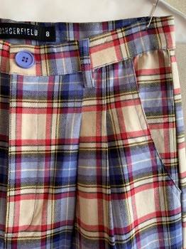 DANGERFIELD, Red, Black, Blue, Beige, Yellow, Cotton, Elastane, Plaid, Pleated Front, 2 Pockets, Zip Fly, Button Fly, Belt Loops