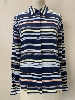 Womens, Blouse, EQUIPMENT, Navy Blue, White, Multi-color, Silk, Stripes - Horizontal , M, Button Front, Collar Attached, Long Sleeves,