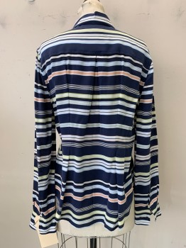 Womens, Blouse, EQUIPMENT, Navy Blue, White, Multi-color, Silk, Stripes - Horizontal , M, Button Front, Collar Attached, Long Sleeves,