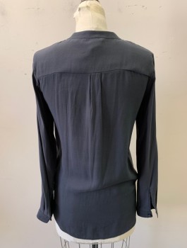 Womens, Blouse, H&M, Dk Gray, Polyester, Solid, 2, Band Collar, V-neck, Button Front, Long Sleeves