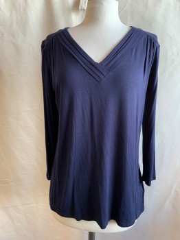 Womens, Top, ARABELLA, Navy Blue, Rayon, Spandex, Solid, S, Pleated V-neck, Pleated at Shoulder Seams, 3/4 Sleeve