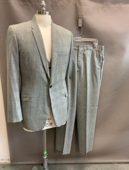 Mens, Suit, Jacket, HIGH SOCIETY, Black, White, Wool, Glen Plaid, 40R, Notched Lapel, Single Breasted, Button Front, 1 Button, 3 Pockets