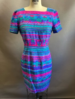 LIZ CLAIBORNE, Purple, Cyan Blue, Hot Pink, Blue, Green, Silk, Stripes, Floral, Square Neckline, S/S, Seamed, Low Back, Button Back, Hem Below Knee