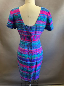 LIZ CLAIBORNE, Purple, Cyan Blue, Hot Pink, Blue, Green, Silk, Stripes, Floral, Square Neckline, S/S, Seamed, Low Back, Button Back, Hem Below Knee