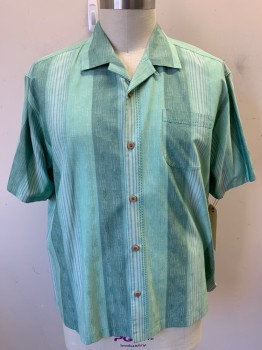 Mens, Casual Shirt, TOMMY BAHAMA, Mint Green, Ice Green, Sea Foam Green, Silk, Stripes - Vertical , XL, Embroidered Textured Stripe, Short Sleeves, Button Front, Collar Attached, 1 Pocket,