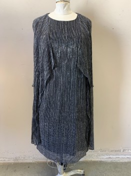 Womens, Cocktail Dress, SLNY, Black, Silver, Polyester, Stripes - Vertical , B45-50, 18, Glittery Silver Lurex Over Black Jersey Sheath, Scoop Neck, 3/4 Sleeves, Faux Jacket Panels Stitched at Shoulder and Side Seams with a Draped Ruffle Opening, Back Zipper,