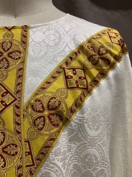 Unisex, Robe, NL, Ivory White, Multi-color, Polyester, Solid, Floral, OS, Round Neck, Burgundy And Gold Floral Appliques, Matching Stole with Gold Fringe