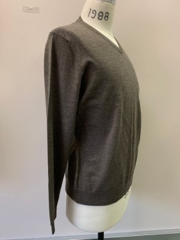Mens, Pullover Sweater, M & S, Lt Brown, Wool, Heathered, L, L/S, V Neck