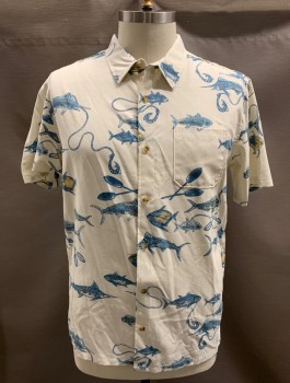 Mens, Casual Shirt, JACK O'NEILL, Off White, Turquoise Blue, Olive Green, Rayon, Polyester, Fish, XL, S/S, B.F., Chest Pocket, Back Box Pleat