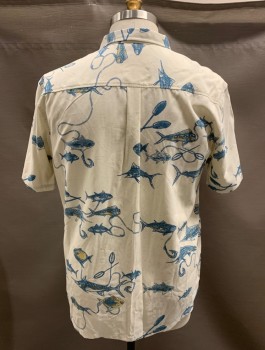 Mens, Casual Shirt, JACK O'NEILL, Off White, Turquoise Blue, Olive Green, Rayon, Polyester, Fish, XL, S/S, B.F., Chest Pocket, Back Box Pleat