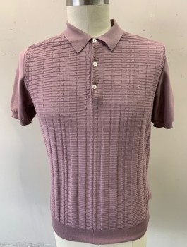 CANALI, Mauve Pink, Cotton, Solid, Knit, with Grid/Rectangles Texture at Front Torso, Short Sleeves, Collar Attached, 3 Button Placket