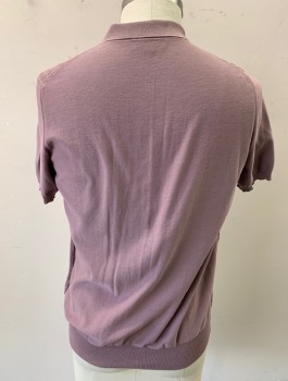 CANALI, Mauve Pink, Cotton, Solid, Knit, with Grid/Rectangles Texture at Front Torso, Short Sleeves, Collar Attached, 3 Button Placket