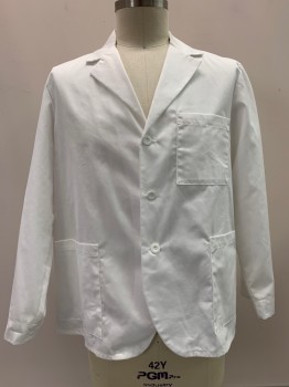 Unisex, Lab Coat Unisex, META, White, Polyester, Cotton, Solid, 44, L/S, Button Front, Collar Attached, Notched Lapel, 3 Pockets,
