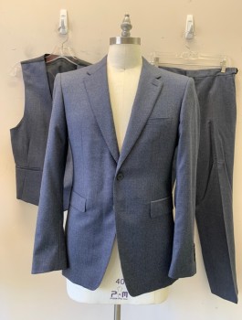 Mens, Suit, Jacket, BURBERRY, Blue-Gray, Wool, Solid, Heathered, 40R, 2 Button, Flap Pockets, 2 Vent, Pick Stitch Detail