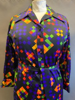 Lanvin, Black, Dk Purple, Red, Orange, Lime Green, Polyester, Geometric, Squares, L/S, Button Front, C.A., with Matching Waistbelt