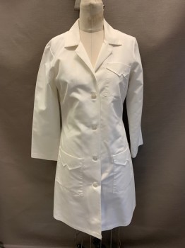 Womens, Lab Coat Women, N/L, White, Poly/Cotton, Solid, B35, 4 Buttons, Notched Lapel, 3 Pockets,
