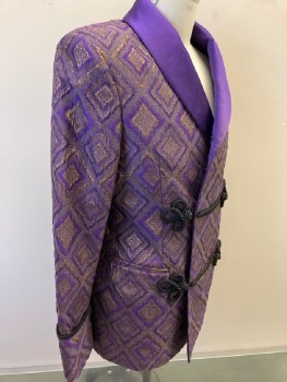 Mens, Smoking Jacket, MTO, 42 R, Purple & Gray with Rose Gold Lurex Diamond Pattern, Textured, Purple Satin Shawl Collar, Black Rope Frog Closure Detail, Snap Front, Snaps On Collar, 2 Welt Pocket, Dbl. Vented Back, Multiple