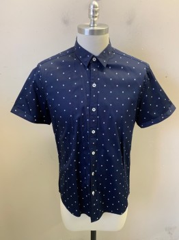 7 DIAMONDS, Navy Blue, White, Lt Blue, Red, Cotton, Dots, Short Sleeves, Button Front, 7 Buttons, Cuffed Sleeves