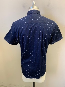 7 DIAMONDS, Navy Blue, White, Lt Blue, Red, Cotton, Dots, Short Sleeves, Button Front, 7 Buttons, Cuffed Sleeves
