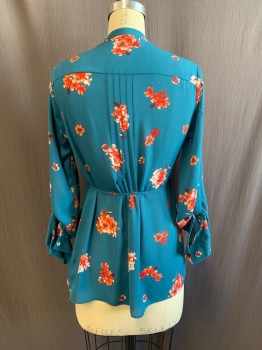 Womens, Maternity, A PEA IN THE POD , Teal Blue, Red, Peach Orange, Polyester, Floral, XS, Maternity Top, Matching Thin Belt, Mandarin Collar, V-neck, 1/2 Button Front, Long Sleeves, Pleated Front