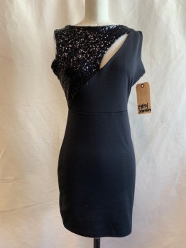 Womens, Cocktail Dress, SOLEMIO, Black, Synthetic, Sequins, Solid, M, High Neck, Cut Out Over Bust, Diagonal Sequin, Sleeveless,