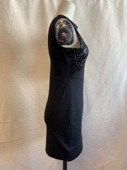 Womens, Cocktail Dress, SOLEMIO, Black, Synthetic, Sequins, Solid, M, High Neck, Cut Out Over Bust, Diagonal Sequin, Sleeveless,
