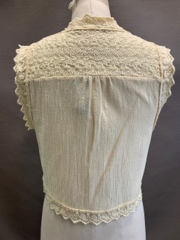 Womens, Top, SPORTGIRL, Cream, Cotton, Solid, M, Slvls, Button Front, Lace Trim, Gauze Like Fabric, Clear Pearl Buttons With Bows