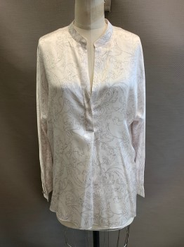 Womens, Blouse, VINCE, Ice Pink, Silk, Floral, S, L/S, Half Button Down, Mandarin Collar, Pearl Buttons