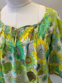 Womens, Top, LIBERTY, Mint Green, Goldenrod Yellow, Off White, Polyester, Floral, M, 3/4 Sleeves, Flounce at Hem, Smock Neckline with Tie