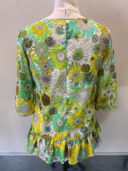 Womens, Top, LIBERTY, Mint Green, Goldenrod Yellow, Off White, Polyester, Floral, M, 3/4 Sleeves, Flounce at Hem, Smock Neckline with Tie