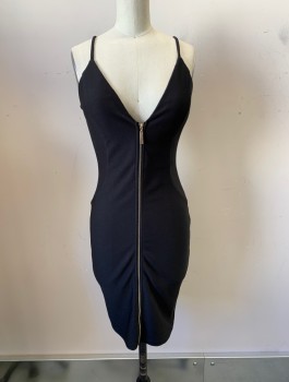 TRAC, Black, Polyester, Spandex, V-N, Spaghetti Straps, Zip Front, Hem Below Knee