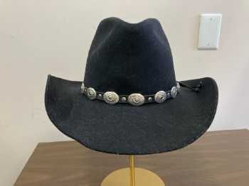 STALLION BY STETSON, Black, Wool, Solid, Tear Drop, Black Leather Band with Silver Conchos,