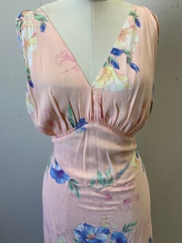 NO LABEL, Salmon Pink, Blue, Yellow, Green, Acetate, Floral, Sleeveless, V Neck, Waist Ties,