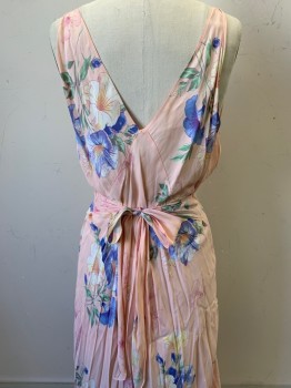 NO LABEL, Salmon Pink, Blue, Yellow, Green, Acetate, Floral, Sleeveless, V Neck, Waist Ties,