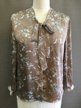 JACLYN SMITH, Khaki Brown, White, Gray, Black, Polyester, Floral, Satin Crepe, L/S, B.F., VN W/Attached Neck Tie/Pussy Bow