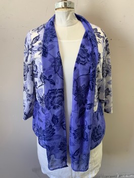 Womens, Cardigan Sweater, ALFRED DUNNER, White, Lavender Purple, Navy Blue, Rayon, Nylon, Leaves/Vines , 1X, Lightweight Knit, 3/4 Sleeves, Lavender Chiffon Panels with Same Print at Front and Hem,