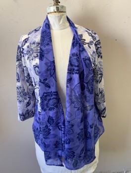 Womens, Sweater, ALFRED DUNNER, White, Lavender Purple, Navy Blue, Rayon, Nylon, Leaves/Vines , 1X, Lightweight Knit, 3/4 Sleeves, Lavender Chiffon Panels with Same Print at Front and Hem,
