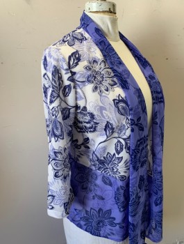 ALFRED DUNNER, White, Lavender Purple, Navy Blue, Rayon, Nylon, Leaves/Vines , Lightweight Knit, 3/4 Sleeves, Lavender Chiffon Panels with Same Print at Front and Hem,