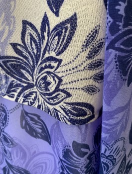 Womens, Cardigan Sweater, ALFRED DUNNER, White, Lavender Purple, Navy Blue, Rayon, Nylon, Leaves/Vines , 1X, Lightweight Knit, 3/4 Sleeves, Lavender Chiffon Panels with Same Print at Front and Hem,