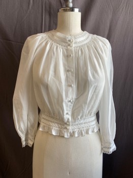 ALICE + OLIVIA, White, Cotton, Silk, Solid, Round Neck, Button Front, L/S, White Lace Trim And Insets