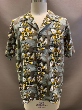 TRU CAL, Gray, Putty/Khaki Gray, Yellow, Black, Polyester, Hawaiian Print, S/S, Button Front, Collar Attached, Chest Pocket