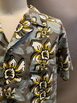 TRU CAL, Gray, Putty/Khaki Gray, Yellow, Black, Polyester, Hawaiian Print, S/S, Button Front, Collar Attached, Chest Pocket
