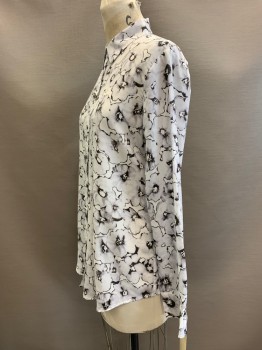 BANANA REPUBLIC, White, Gray, Black, Polyester, Floral, L/S, Button Front, Collar Attached,