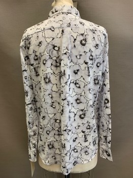 BANANA REPUBLIC, White, Gray, Black, Polyester, Floral, L/S, Button Front, Collar Attached,