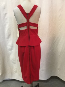 Womens, Cocktail Dress, BCBG, Red, Synthetic, Solid, 2, Red, V-neck, Peplum Waist, Sleeveless, Zip Back