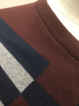 Mens, Pullover Sweater, AXIST, Brown, Navy Blue, Gray, Cotton, Polyester, Color Blocking, Geometric, L, Brown with Abstract Oversized Geometric Pattern, One Sleeve is Gray, with Large Navy Stripes and Rectangles, Knit, V-neck, Long Sleeves